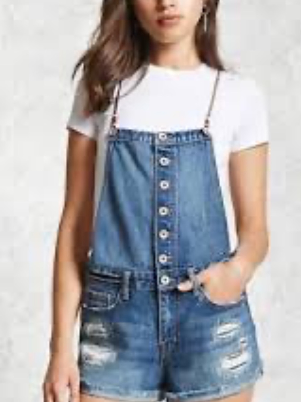 FOREVER 21 Distressed Denim Overall with faux leather straps button front